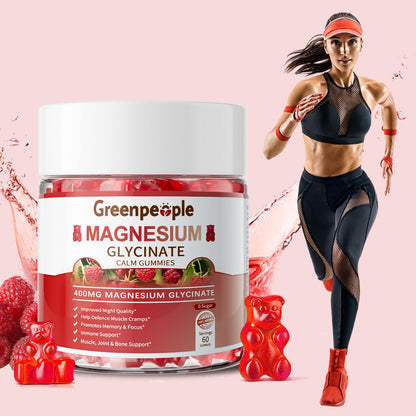 GREENPEOPLE Magnesium Glycinate Gummies 400mg — Sugar Free Raspberry Flavor, Vitamin D & B6 for Calm Support