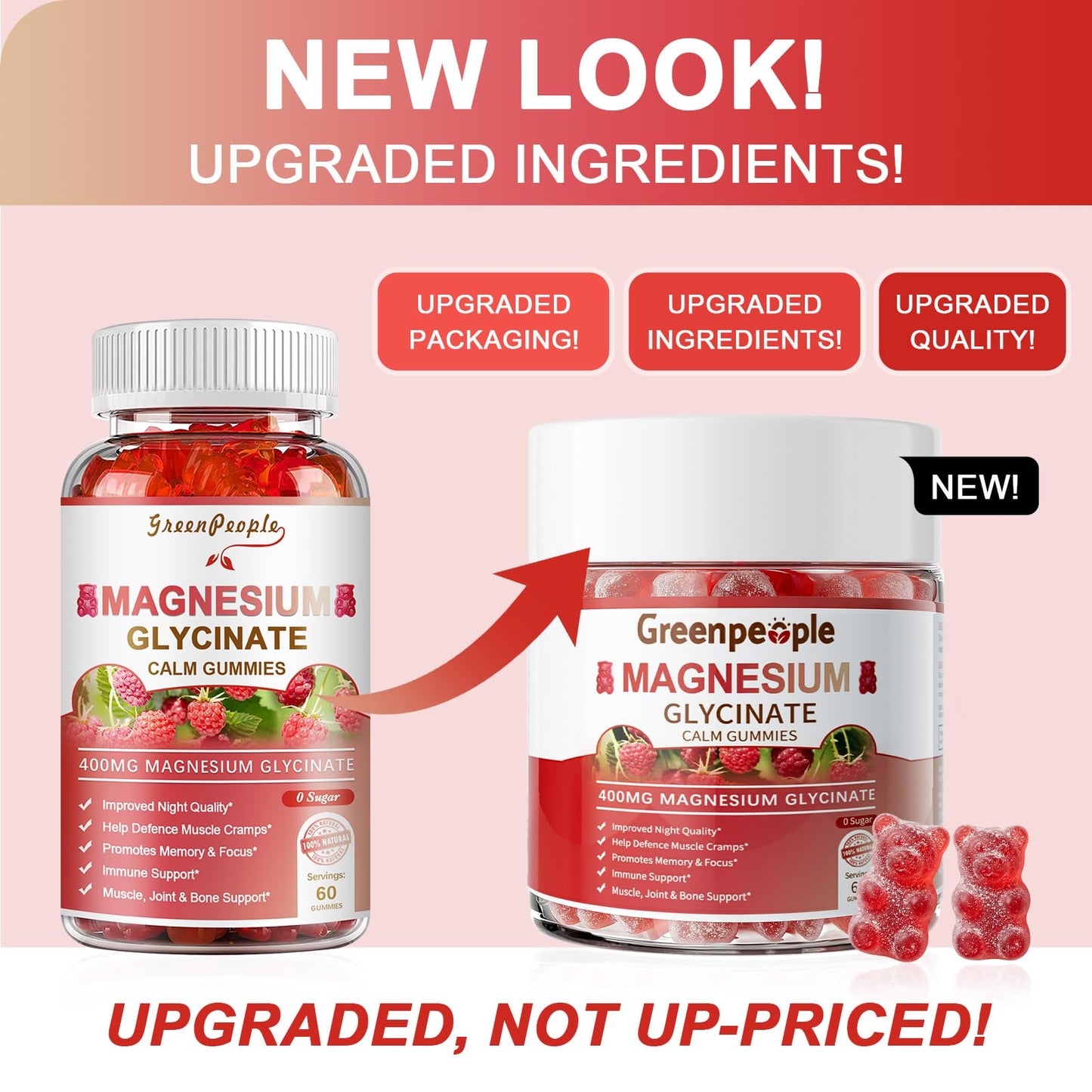 GREENPEOPLE Magnesium Glycinate Gummies 400mg — Sugar Free Raspberry Flavor, Vitamin D & B6 for Calm Support