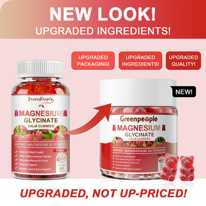 GREENPEOPLE Magnesium Glycinate Gummies 400mg — Sugar Free Raspberry Flavor, Vitamin D & B6 for Calm Support