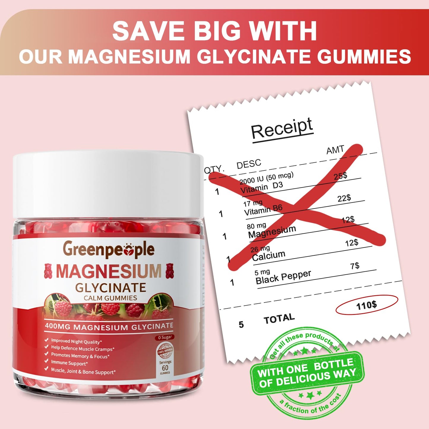 GREENPEOPLE Magnesium Glycinate Gummies 400mg — Sugar Free Raspberry Flavor, Vitamin D & B6 for Calm Support