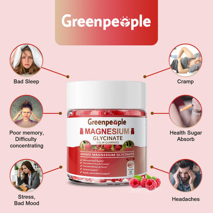 GREENPEOPLE Magnesium Glycinate Gummies 400mg — Sugar Free Raspberry Flavor, Vitamin D & B6 for Calm Support
