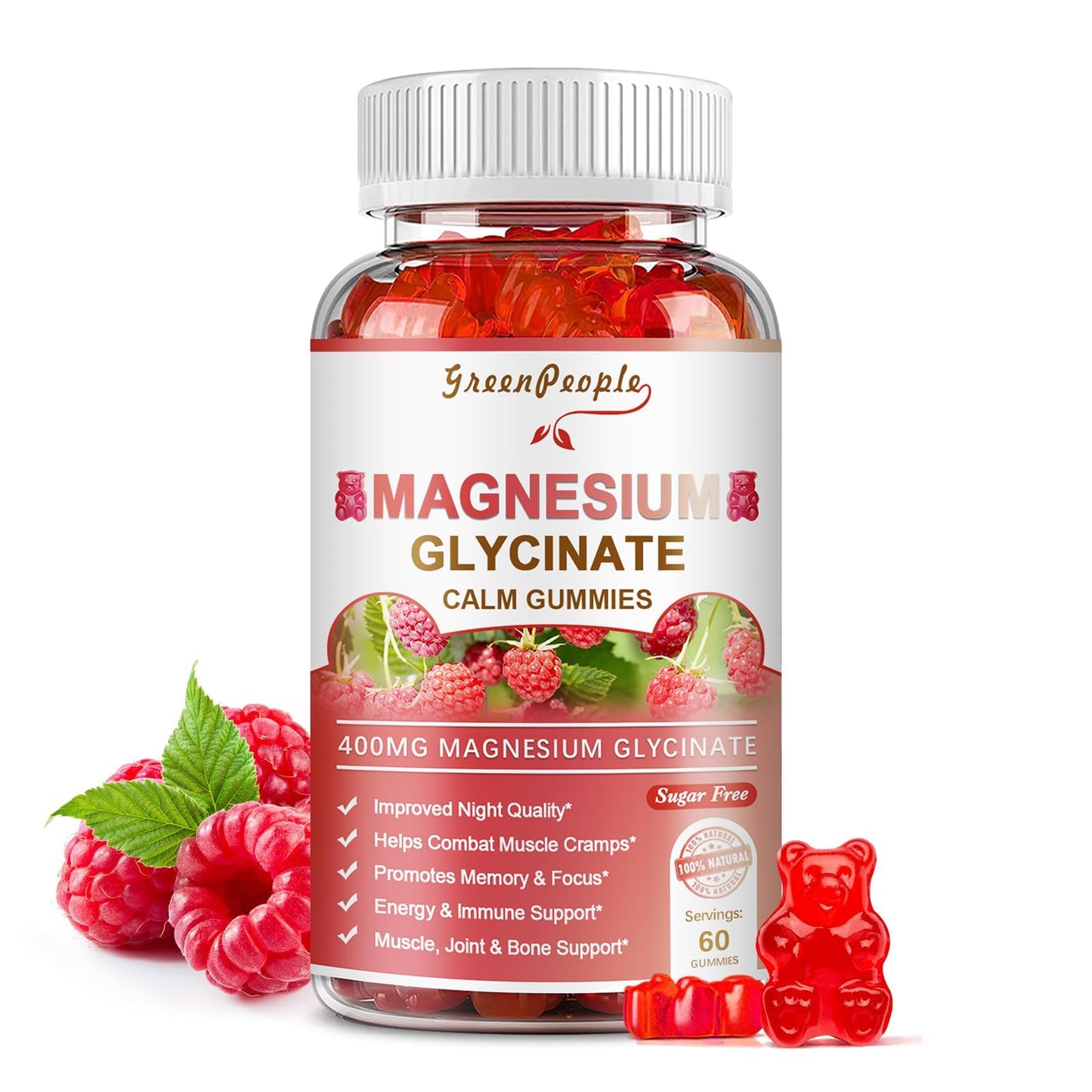 GREENPEOPLE Magnesium Glycinate Gummies Raspberry – 400mg, Sugar Free