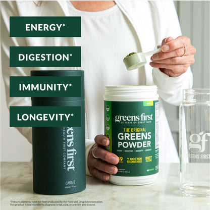Greens First Gift Set - Limited Edition 25th Anniversary Glass Carafe & Mint Greens Powder (49 Superfoods)