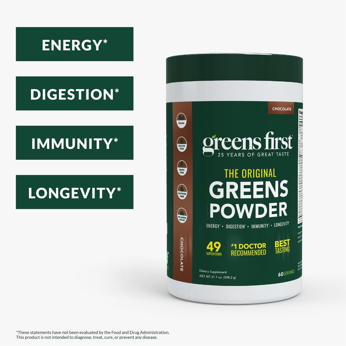 Greens First Original Greens Powder - 49 Superfoods, Chocolate, 60 Servings | Vegan & Non-GMO