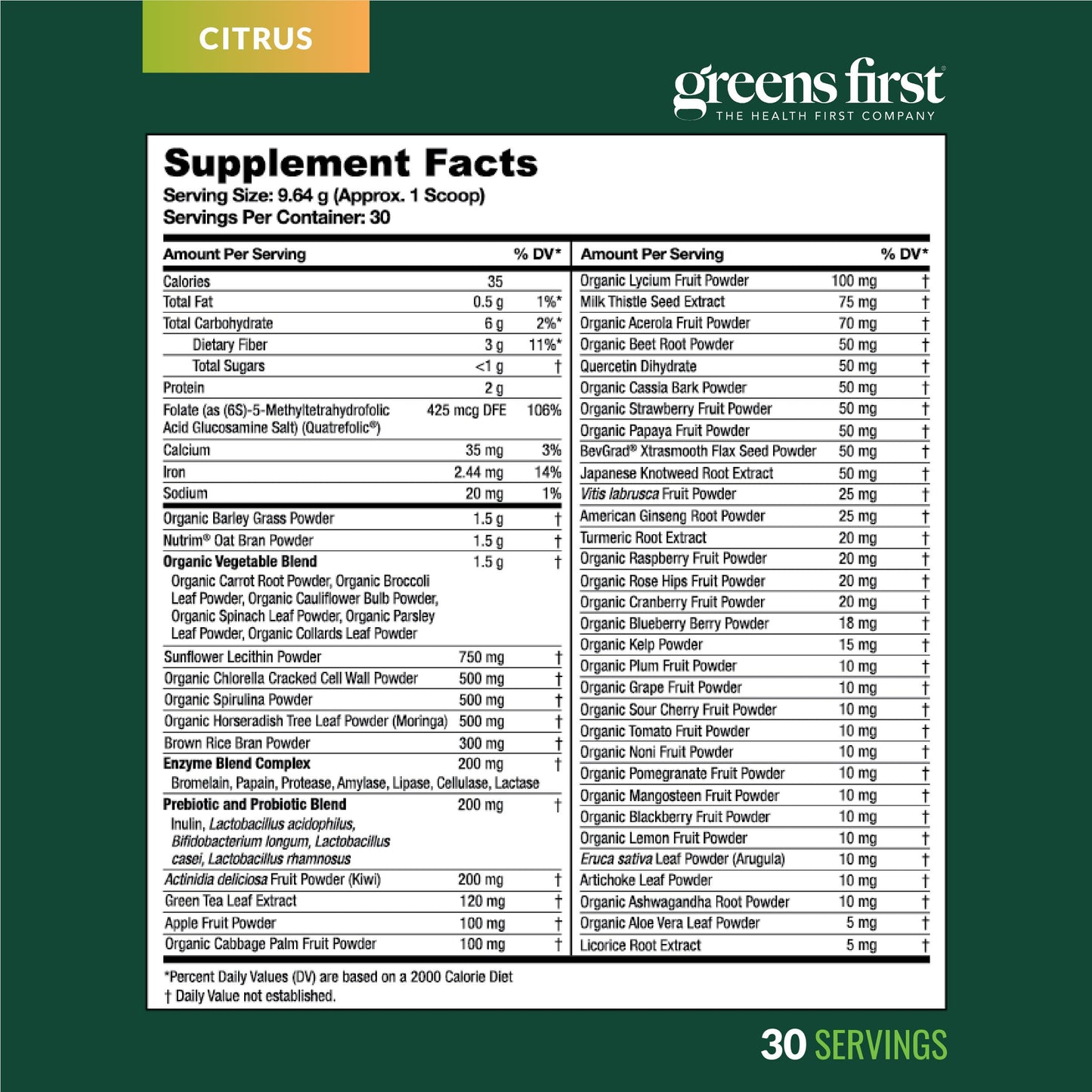 Greens First Original Greens Powder - 49 Superfoods, Prebiotics & Probiotics, Citrus, 30 Servings