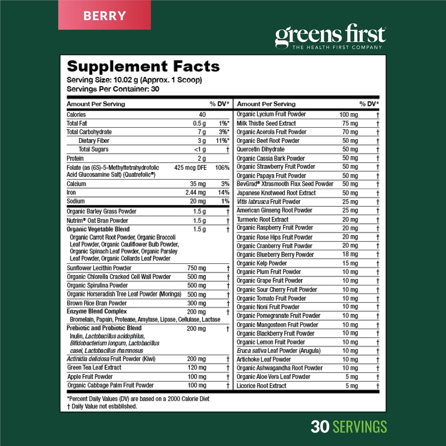 Greens First Original Greens Powder - 49 Superfoods, Berry, 30 Servings