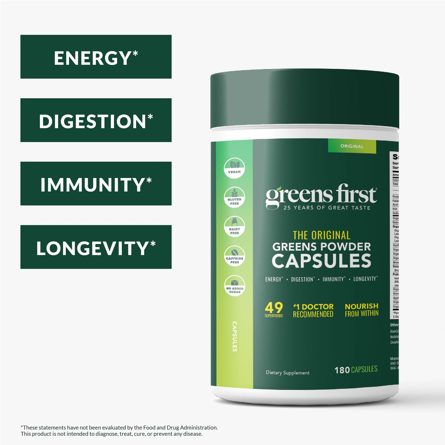 Greens First Phytonutrient Capsules – 54 Superfoods, Organic Fruits & Veggies, Probiotics & Digestive Enzymes – 180 Capsules