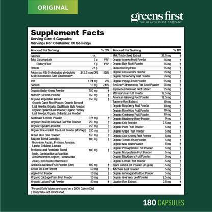 Greens First Phytonutrient Capsules – 54 Superfoods, Organic Fruits & Veggies, Probiotics & Digestive Enzymes – 180 Capsules