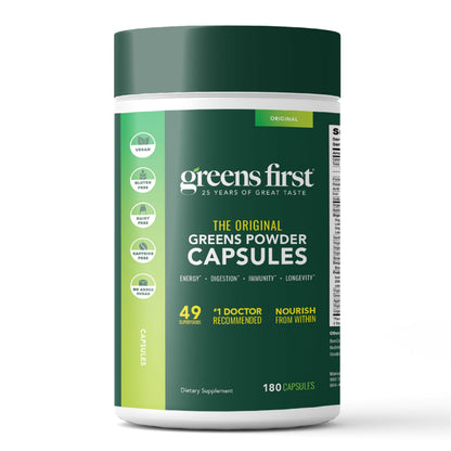 Greens First Phytonutrient Capsules – 54 Superfoods, Organic Fruits & Veggies, Probiotics & Digestive Enzymes – 180 Capsules