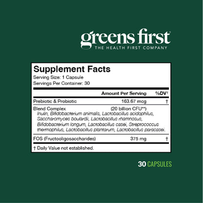 Greens First Probiotics - 20 Billion CFU, FOS Soluble Fiber - Gut Health, Skin Support - 30 Servings