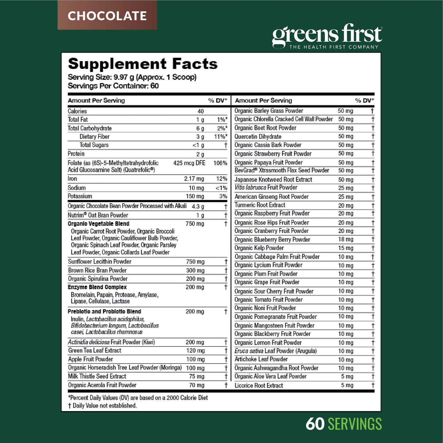 Greens First Original Greens Powder - 49 Superfoods, Chocolate, 60 Servings | Vegan & Non-GMO