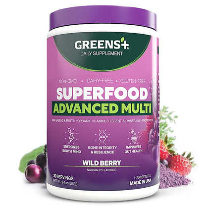 Greens+ Advanced Multi Wild Berry Superfood Powder – Organic, Vegan, Non-GMO (9.4 oz)