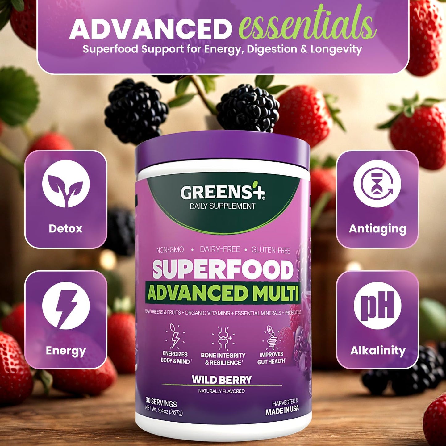 Greens+ Advanced Multi Wild Berry Superfood Powder – Organic, Vegan, Non-GMO (9.4 oz)