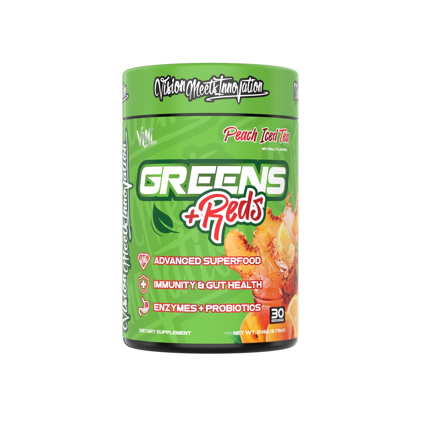 VMI Sports Greens + Reds – Advanced Superfood for Immunity & Gut Health | Enzymes & Probiotics | 30 Servings (Peach Iced Tea)
