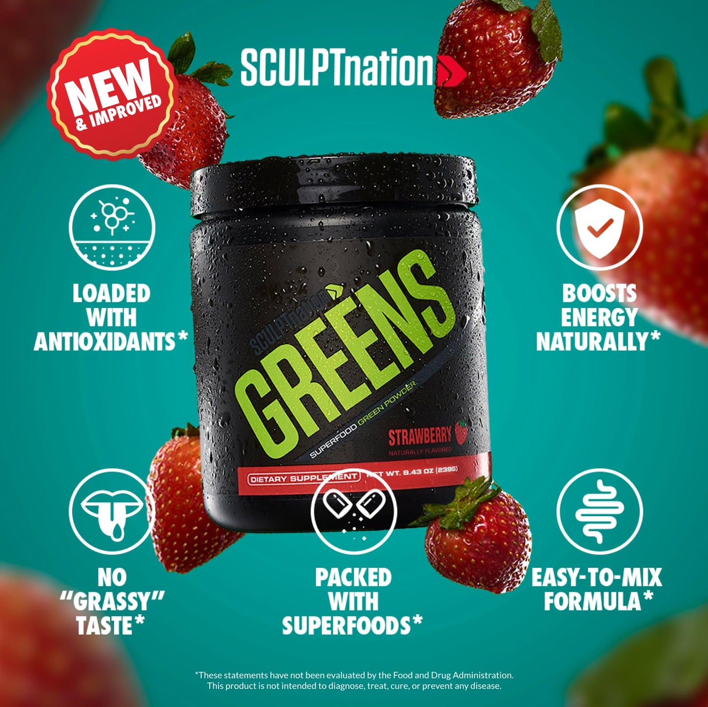 Sculpt Nation Greens Strawberry Powder with Collagen – Skin, Digestion & Energy