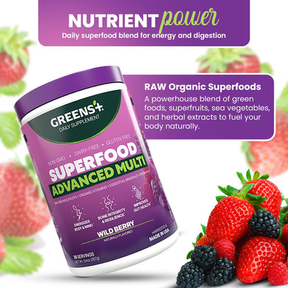 Greens+ Advanced Multi Wild Berry Superfood Powder – Organic, Vegan, Non-GMO (9.4 oz)