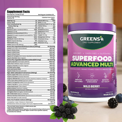Greens+ Advanced Multi Wild Berry Superfood Powder – Organic, Vegan, Non-GMO (9.4 oz)