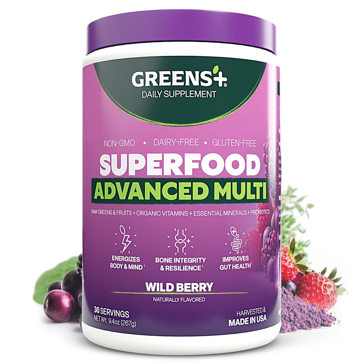 Greens+ Advanced Multi Wild Berry Superfood Powder – Organic, Vegan, Non-GMO (9.4 oz)