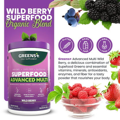 Greens+ Advanced Multi Wild Berry Superfood Powder – Organic, Vegan, Non-GMO (9.4 oz)