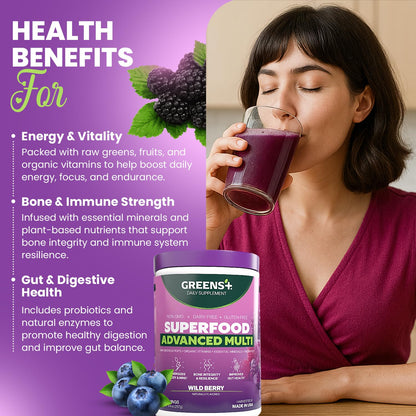 Greens+ Advanced Multi Wild Berry Superfood Powder – Organic, Vegan, Non-GMO (9.4 oz)