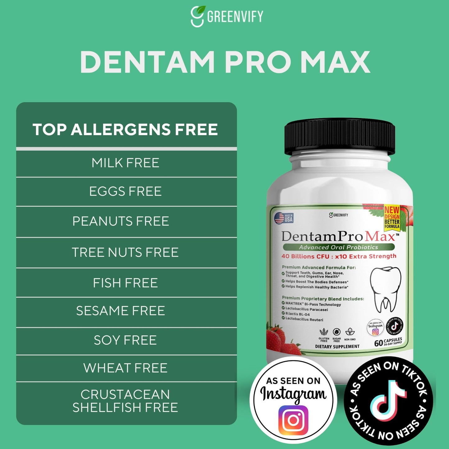 GREENVIFY DentamPro Max for Gums and Teeth Health & Fresh Breath - 40 Billion CFU Advanced Oral Probiotics for Mouth Bad Breath, Capsule Supplement (1)