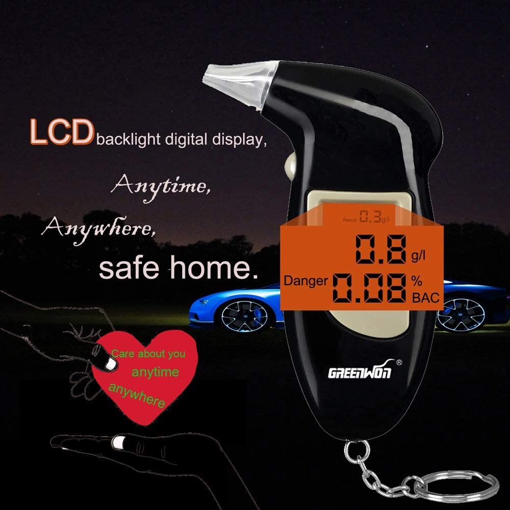 GREENWON Battery Powered Breathalyzer Keychain – Portable Digital Alcohol Tester with LCD Display | Personal Use G/Black