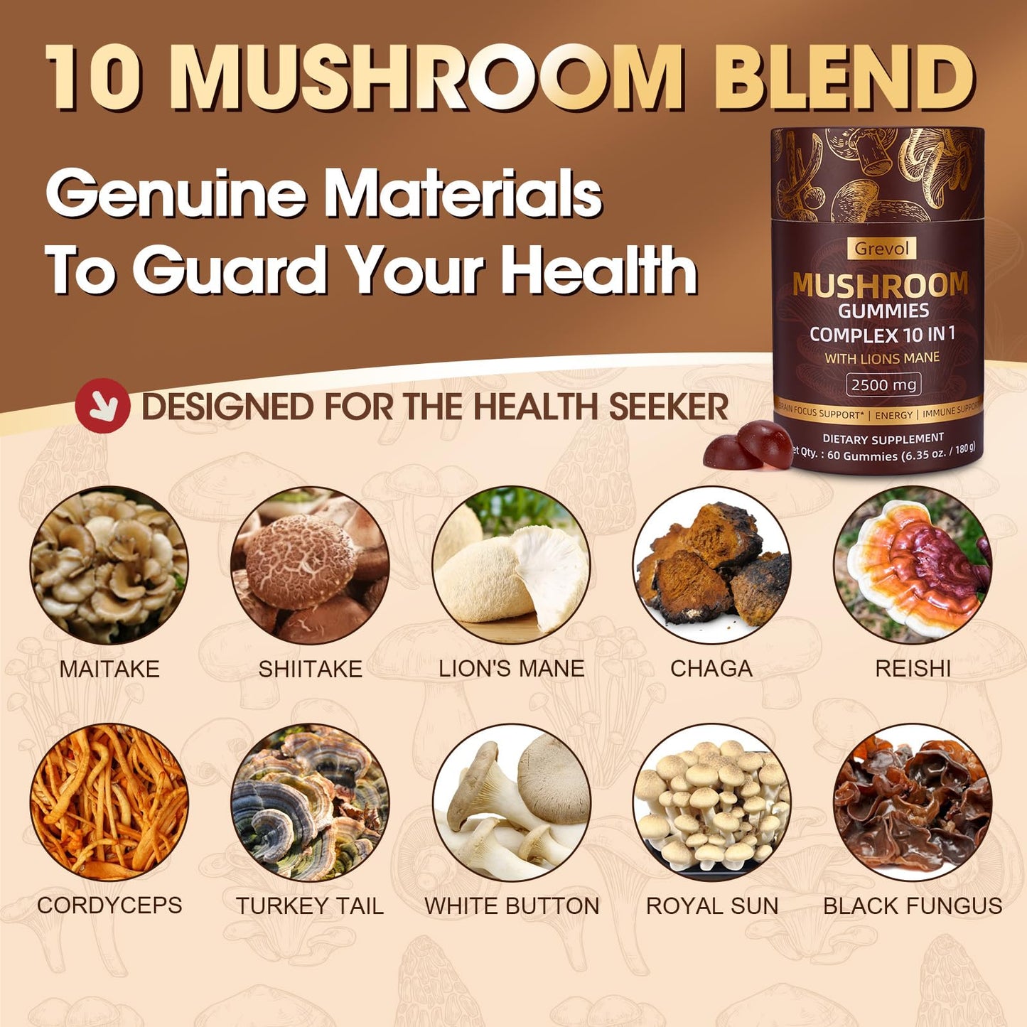 Grevol Mushroom Gummies with Lion's Mane – 60 Counts | 10-Mushroom Complex