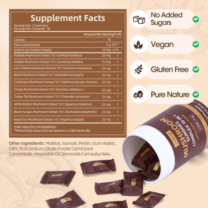 Grevol Mushroom Gummies with Lion's Mane – 60 Counts | 10-Mushroom Complex