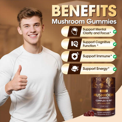 Grevol Mushroom Gummies with Lion's Mane – 60 Counts | 10-Mushroom Complex