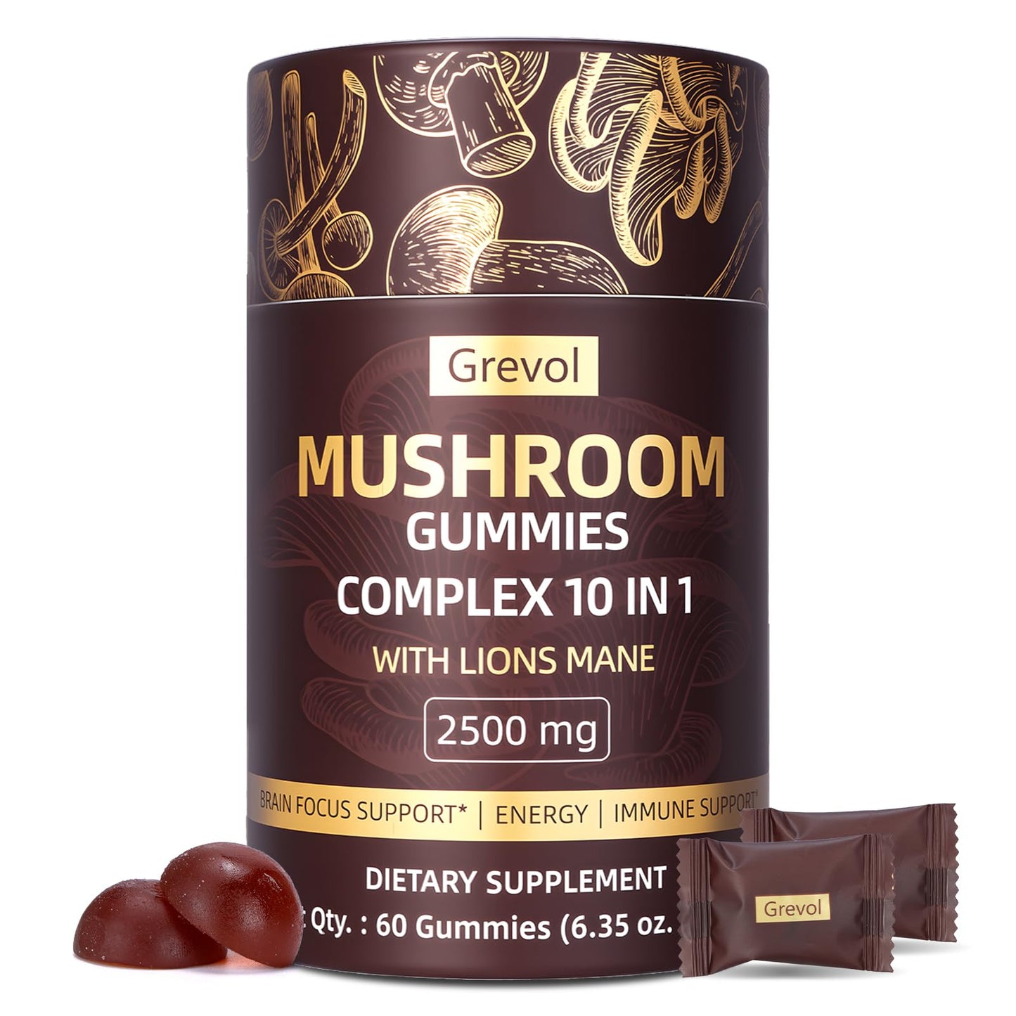 Grevol Mushroom Gummies with Lion's Mane – 60 Counts | 10-Mushroom Complex