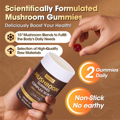 Grevol Mushroom Gummies with Lion's Mane – 60 Counts | 10-Mushroom Complex