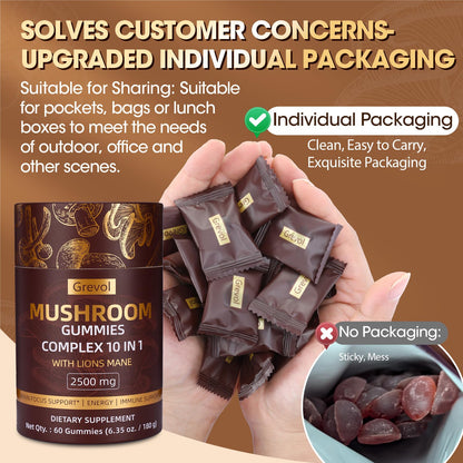 Grevol Mushroom Gummies with Lion's Mane – 60 Counts | 10-Mushroom Complex