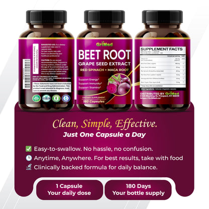 GriMed Beet Root with Grape Seed Extract, Maca Root, Red Spinach & Ashwagandha – 180 Vegetable Capsules