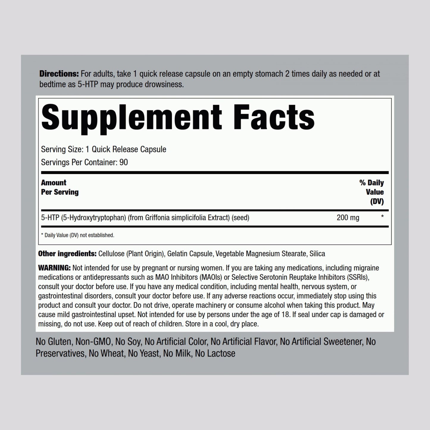 Piping Rock 5-HTP Supplement | 200mg | 90 Capsules | 5-Hydroxytryptophan | Griffonia Simplicifolia Extract | Non-GMO, Gluten Free