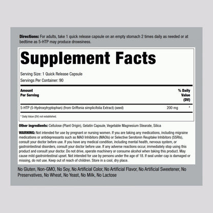 Piping Rock 5-HTP Supplement | 200mg | 90 Capsules | 5-Hydroxytryptophan | Griffonia Simplicifolia Extract | Non-GMO, Gluten Free