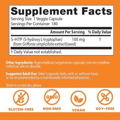 Doctor's Best 5-HTP - Supports Mental & Emotional Well-Being - Non-GMO, Gluten Free, Soy Free, Vegan - 180 Veggie Caps