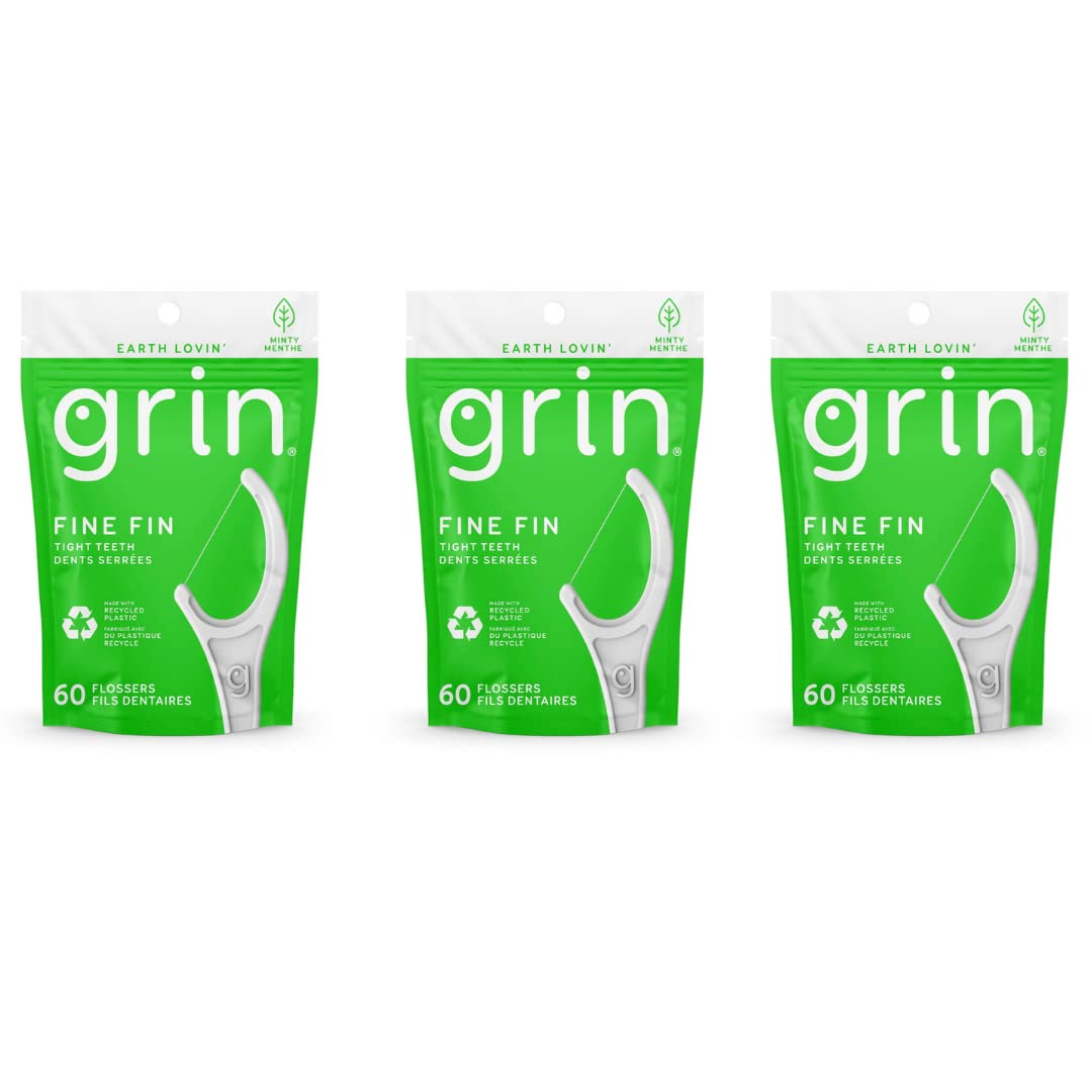 GRIN Dental Floss – 3 Packs of 60 (Fine Fin) for Tight Teeth | Minty Fresh