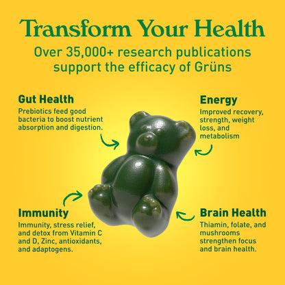 Grüns Adult Sugar-Free Super Greens Gummies – Multivitamin with 60+ Ingredients, 28 Daily Packets