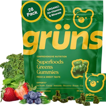 Grüns Adults Super Greens Multivitamin Gummies – 60+ Nutrients, 6g Fiber, 28 Pack