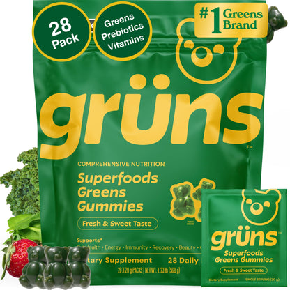 Grüns Adults Super Greens Multivitamin Gummies – 60+ Nutrients, 6g Fiber, 28 Pack
