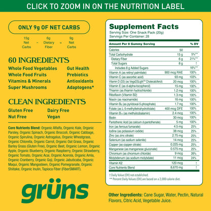 Grüns Adults Super Greens Multivitamin Gummies – 60+ Nutrients, 6g Fiber, 28 Pack
