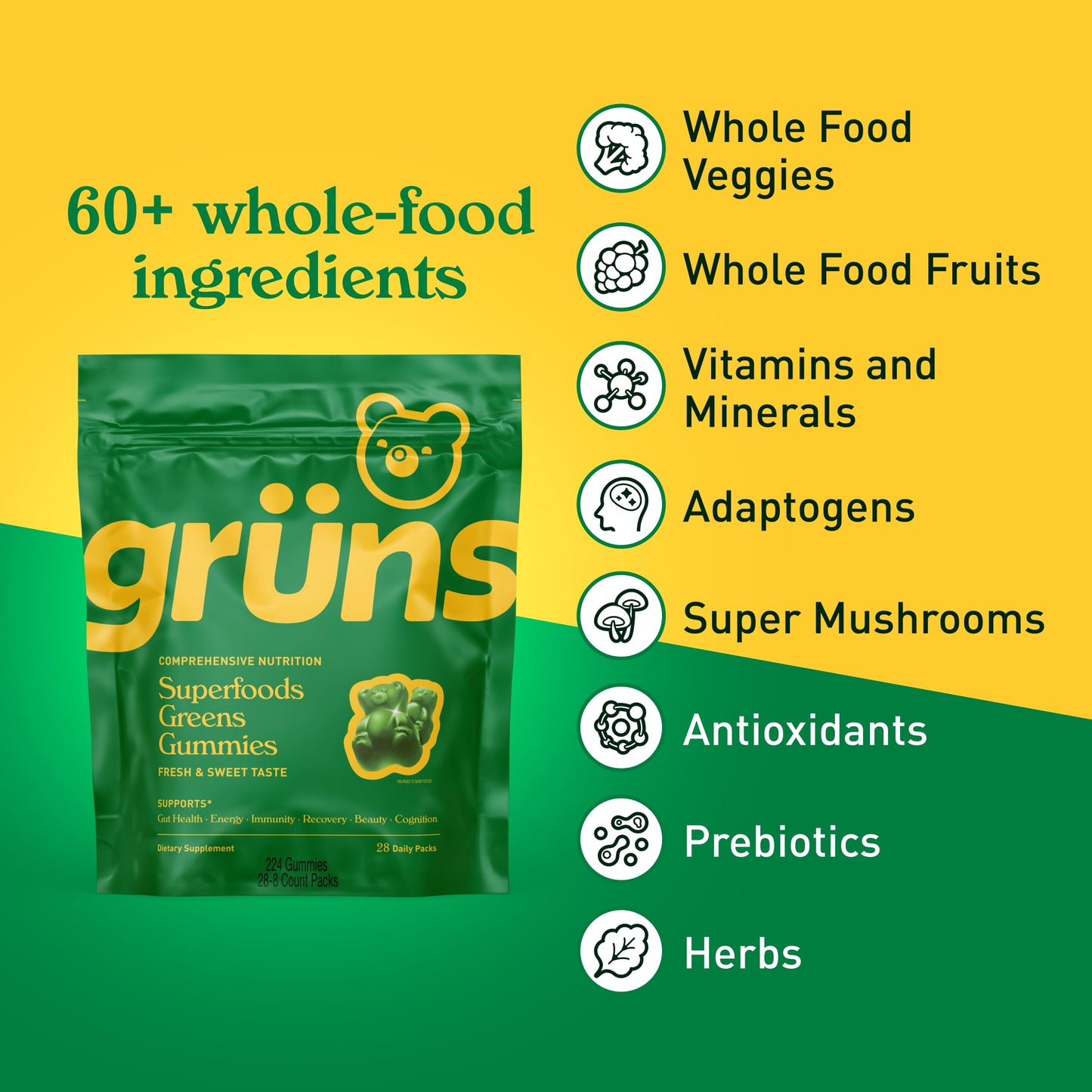 Grüns Adults Super Greens Multivitamin Gummies – 60+ Nutrients, 6g Fiber, 28 Pack