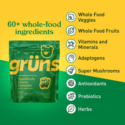 Grüns Adults Super Greens Multivitamin Gummies – 60+ Nutrients, 6g Fiber, 28 Pack