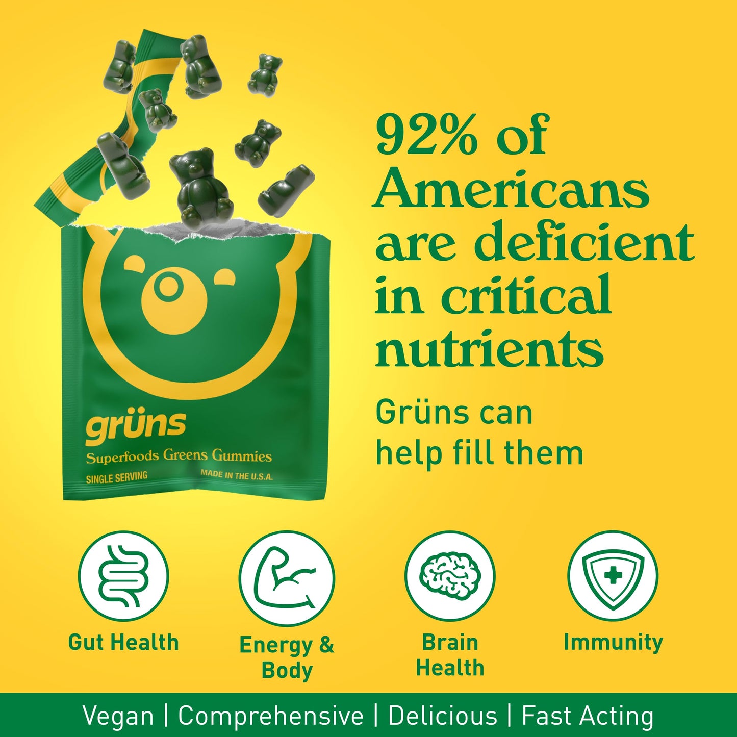 Grüns Adult Sugar-Free Super Greens Gummies – Multivitamin with 60+ Ingredients, 28 Daily Packets
