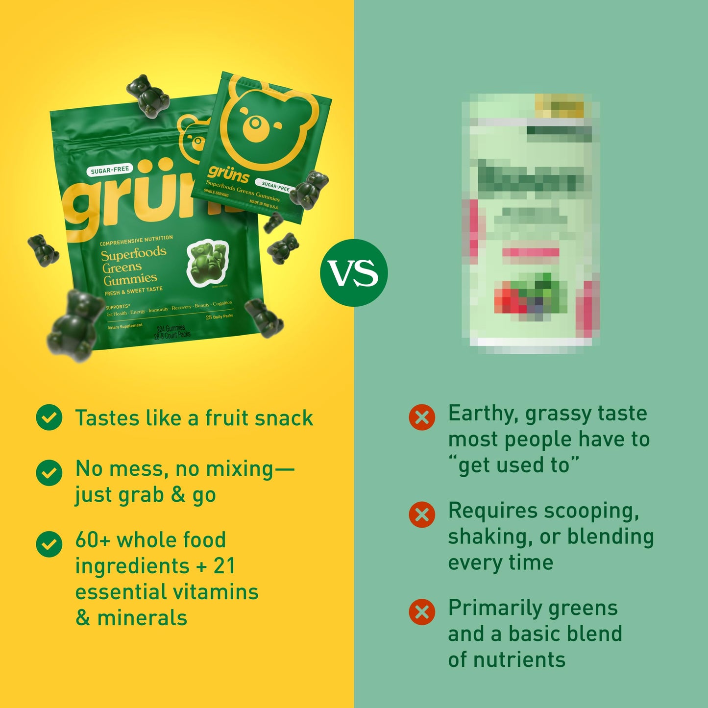 Grüns Adult Sugar-Free Super Greens Gummies – Multivitamin with 60+ Ingredients, 28 Daily Packets