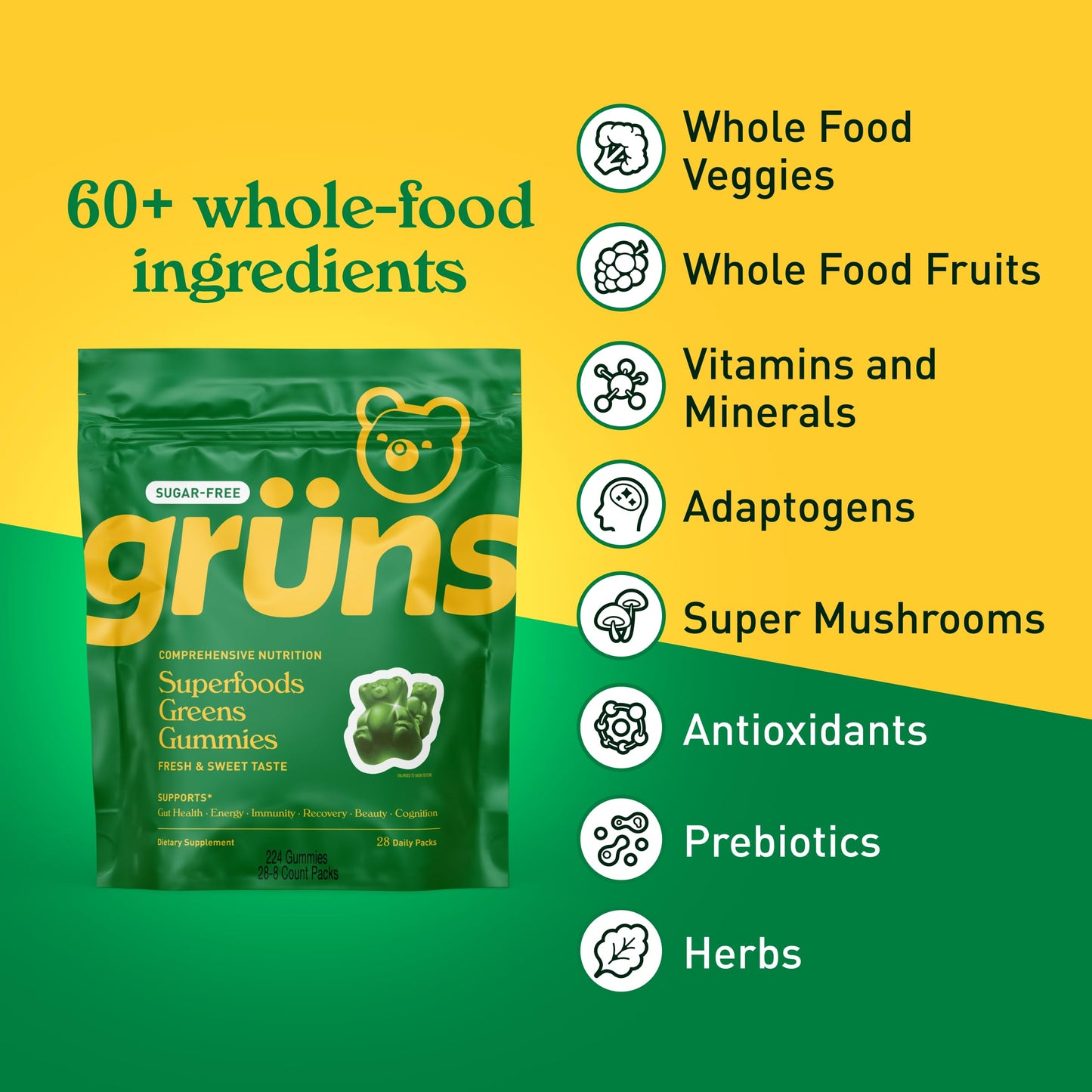 Grüns Adult Sugar-Free Super Greens Gummies – Multivitamin with 60+ Ingredients, 28 Daily Packets