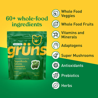 Grüns Adult Sugar-Free Super Greens Gummies – Multivitamin with 60+ Ingredients, 28 Daily Packets