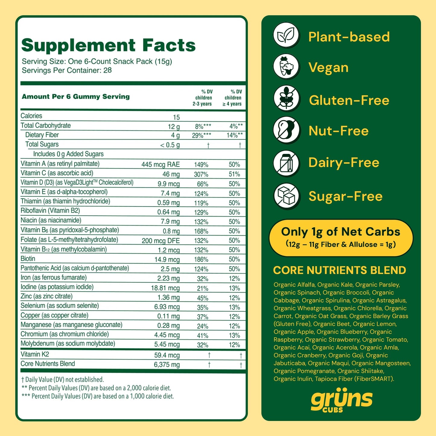 Grüns Multivitamin for Kids – Sugar-Free Super Greens Gummies, 20+ Vitamins & 60 Ingredients, 28 ct
