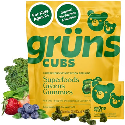 Grüns Kids Multivitamin Gummies – 20+ Vitamins & Minerals, Super Greens with Spirulina & Prebiotics | 28ct