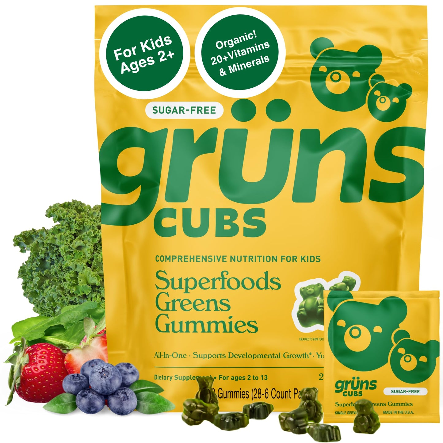 Grüns Multivitamin for Kids – Sugar-Free Super Greens Gummies, 20+ Vitamins & 60 Ingredients, 28 ct